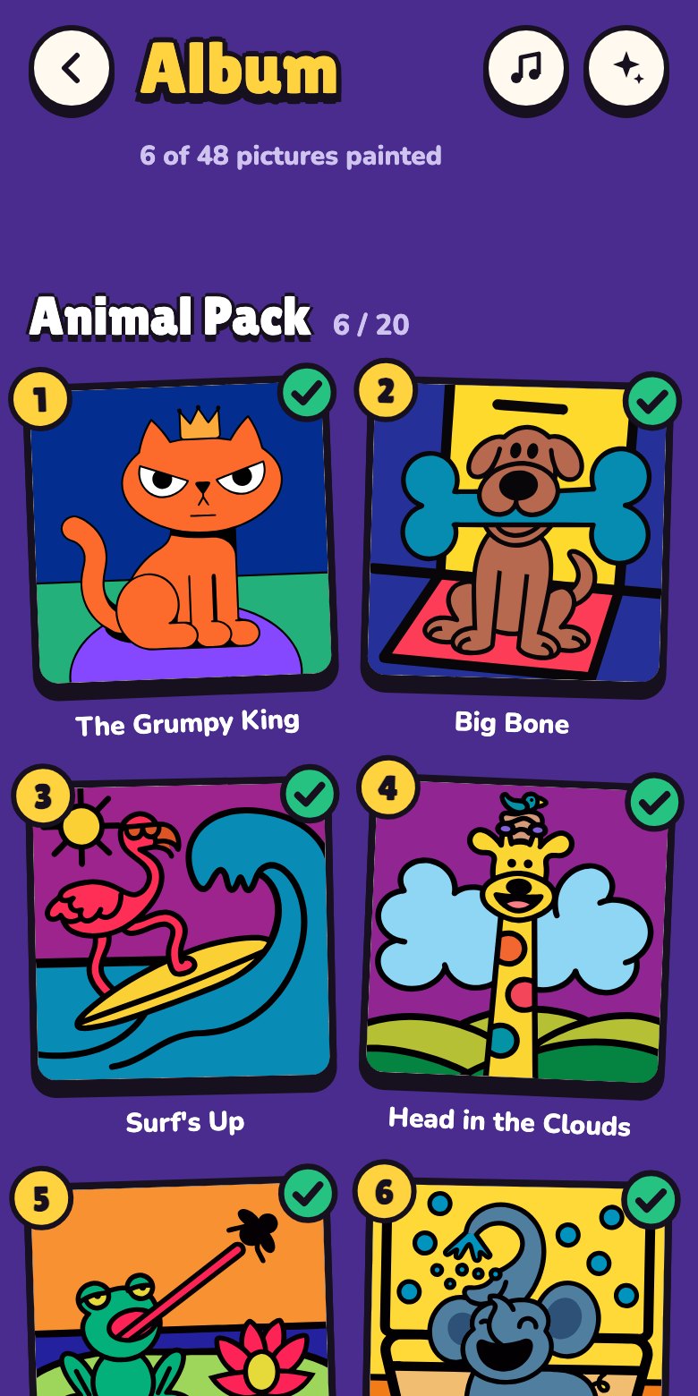 The album with painted pictures of a cat, a dog, a flamingo and a giraffe