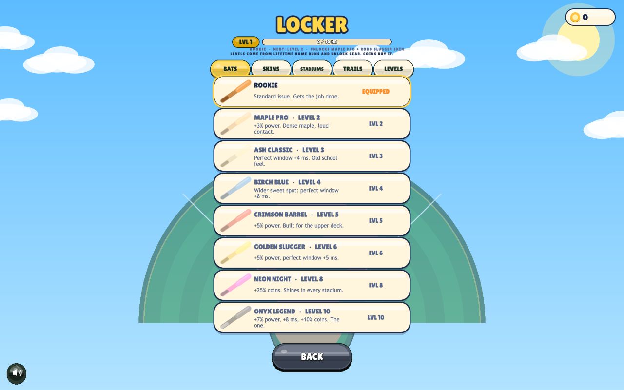 The Locker: eight bats from Rookie to Onyx Legend, with tabs for skins, stadiums and trails