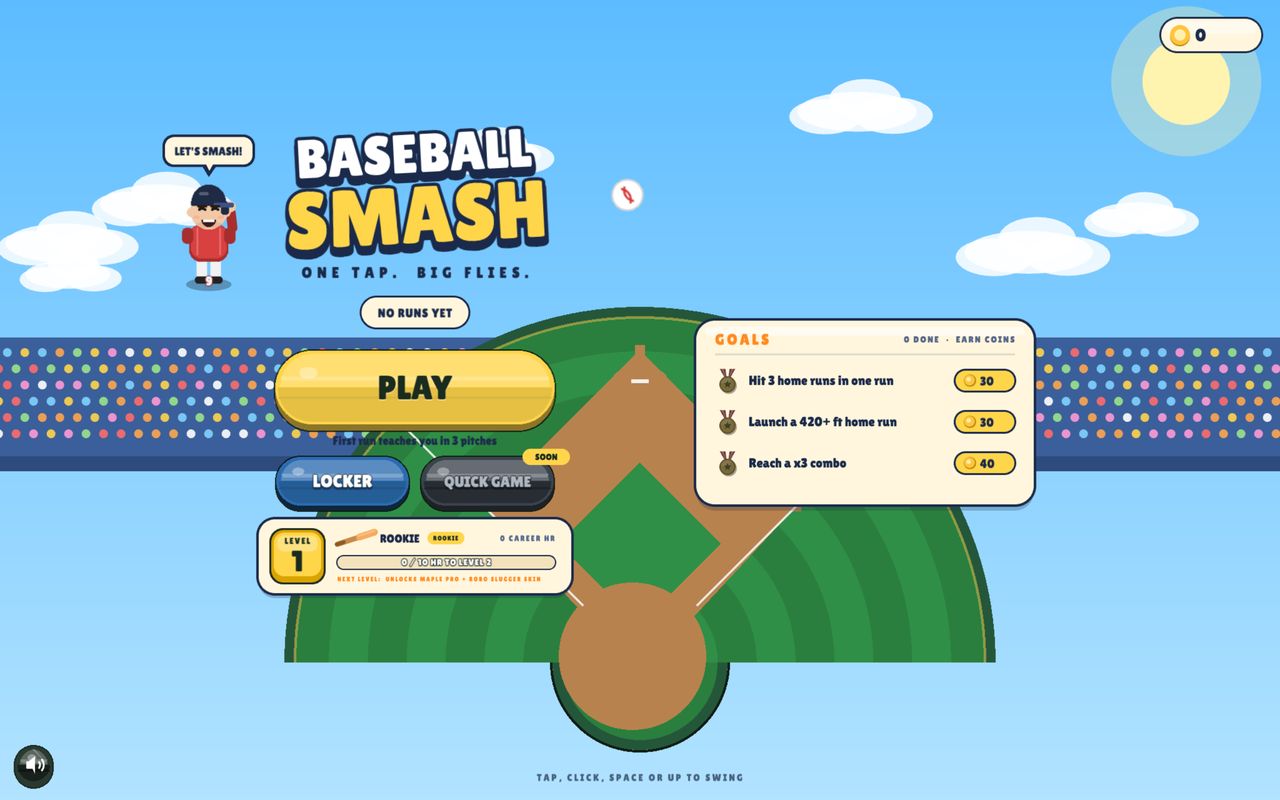 Baseball Smash menu: blue sky, the mascot batter, the PLAY button and the goals card