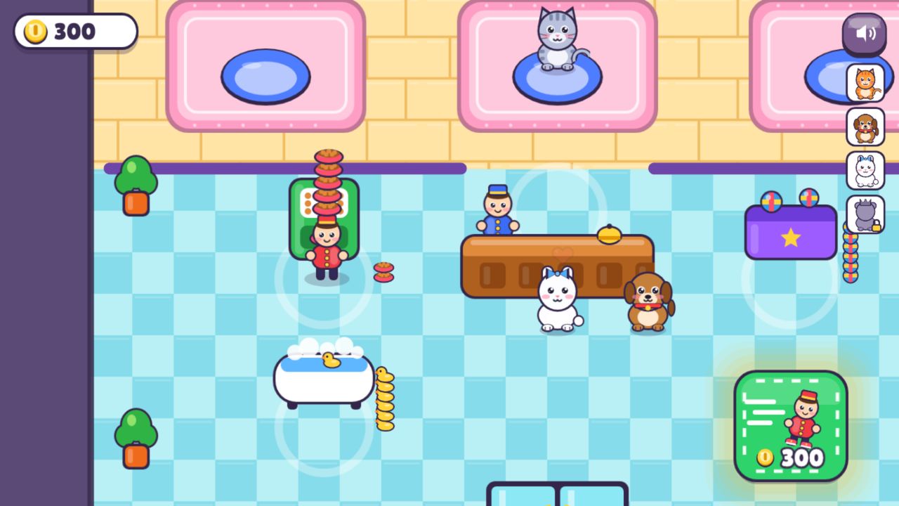The bellhop carrying a stack of food bowls past the front desk, the bath and the toy station