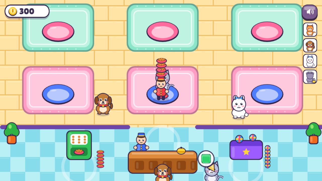 A kitten eating from its bowl with hearts above it while the bellhop carries more food